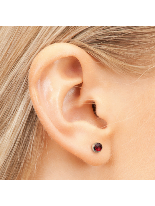 Studex System 75 Ruby earrings in a full silver setting, 3mm