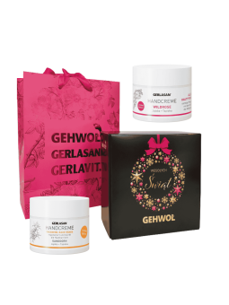 Set de Crăciun GEHWOL - Cremă de mâini cu cătină de mare 50ml Cremă de mâini cu trandafir sălbatic 50ml plus eșantioane 